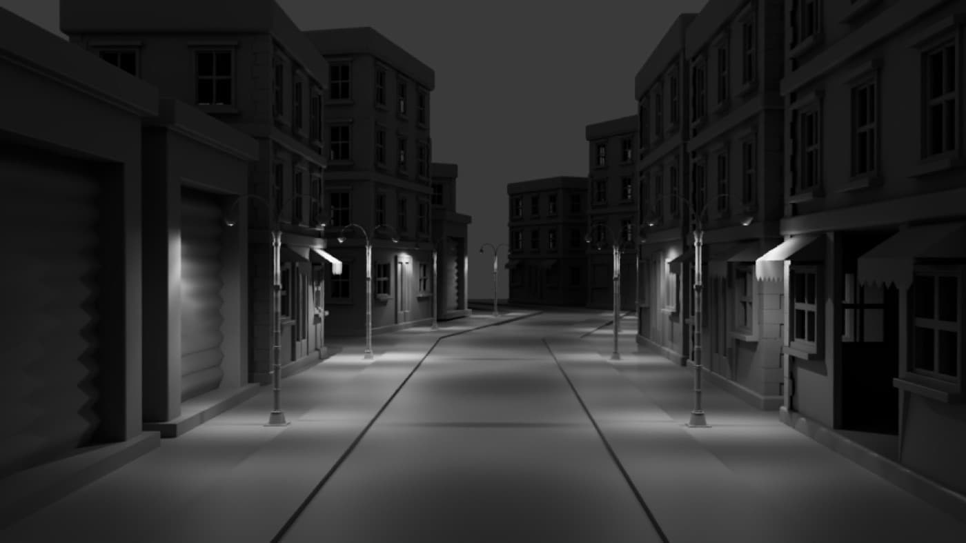 Dark grayscale city street scene with lit street lamps